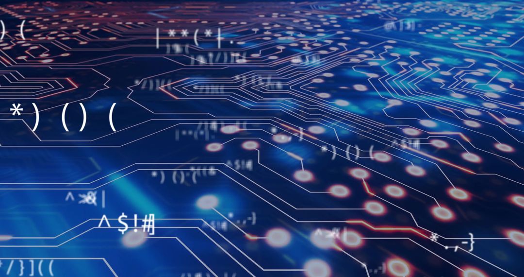 Futuristic Digital Circuitry with Glowing Neon Tech Symbols