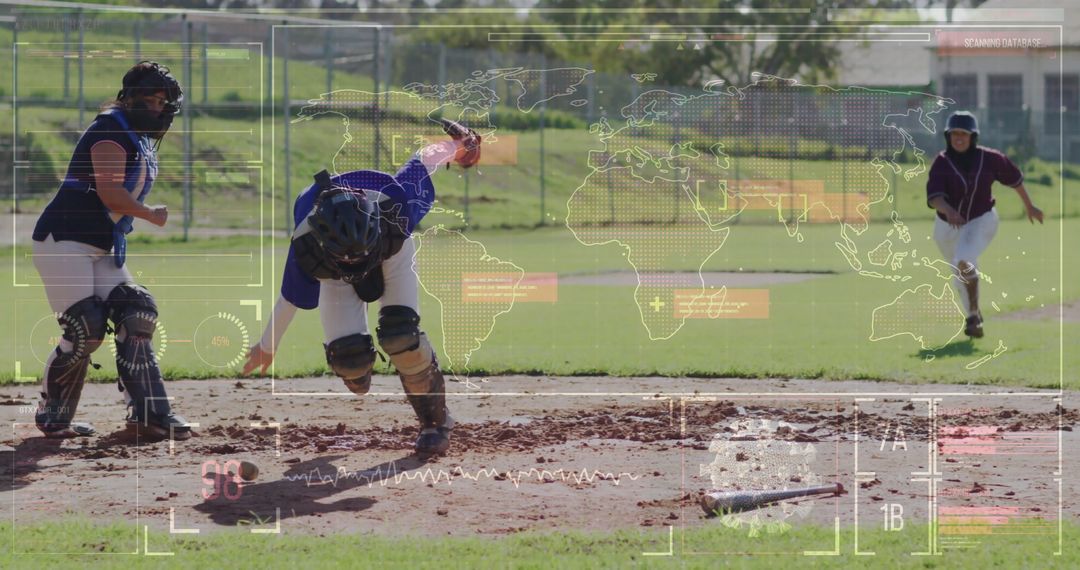 Baseball Catcher in Action with Futuristic Interface Overlay