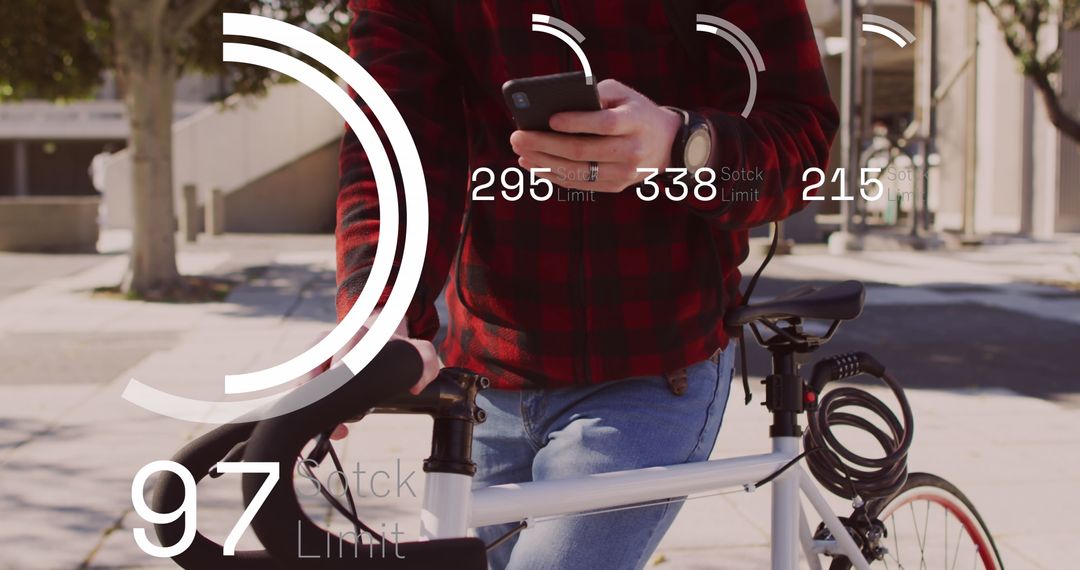 Young Man Checking Smartphone Data with Futuristic Graphics