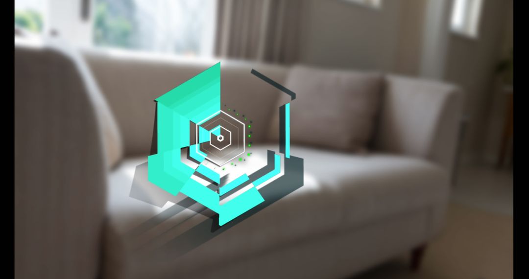 Digital Interface Display Vibrant Green Shapes Over Modern Living Room