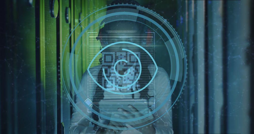 Futuristic Data Processing with Woman in Server Room