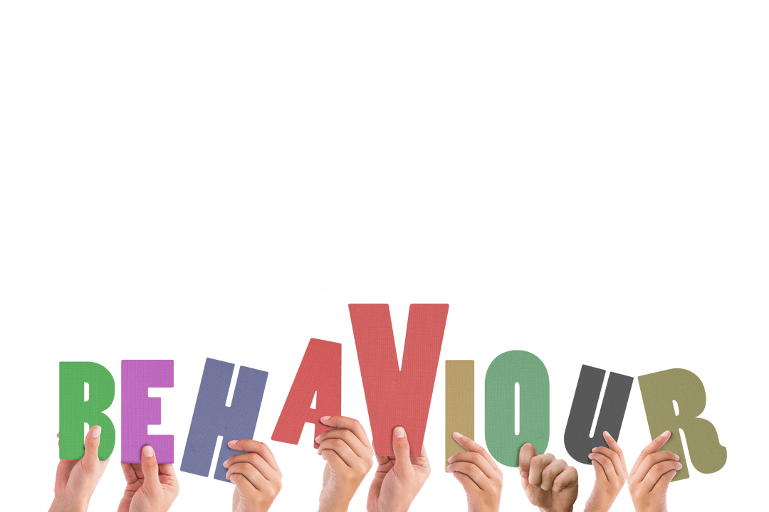 Hands Holding Transparent Colorful 'Behaviour' Letters