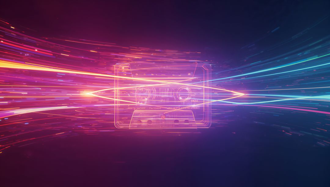 Neon Cassette Hovering in Dynamic Digital Void