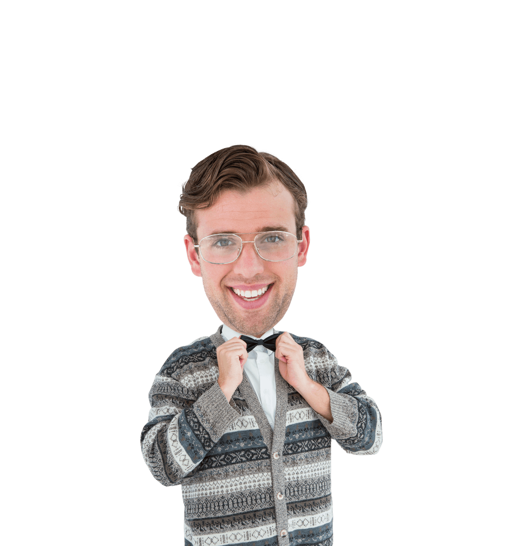 Smiling Man with Big Head Adjusting Bow Tie on Transparent Background