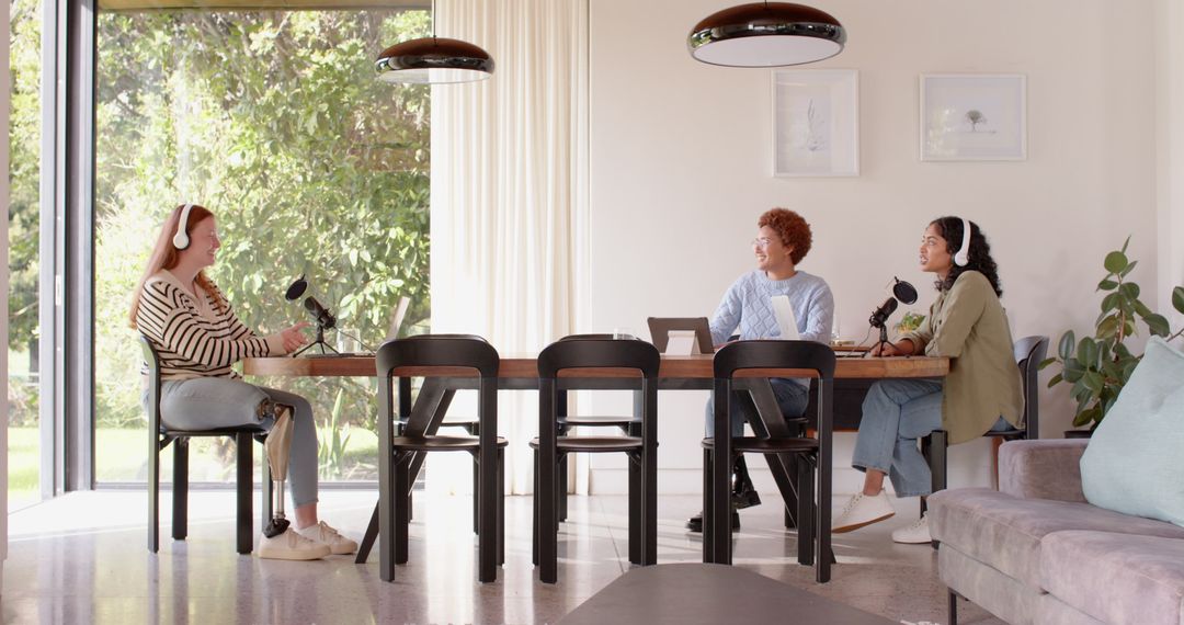 Diverse Team Recording Podcast in Modern Home Setting