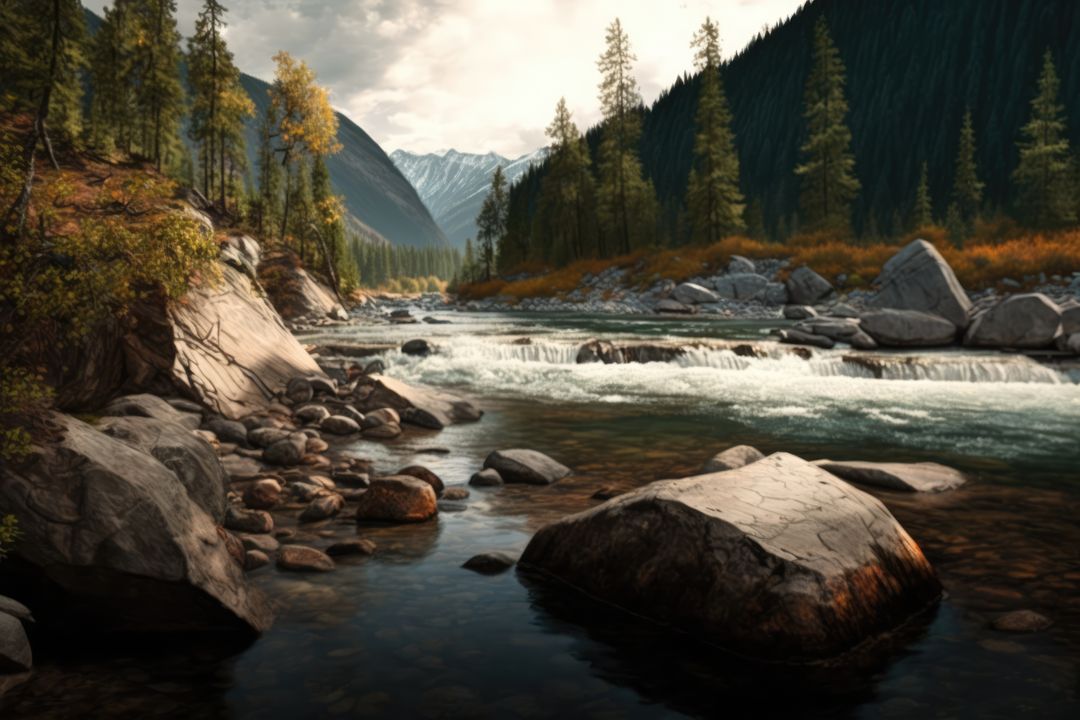 Beautiful landscape of river creek with rocks and mountains, created using generative ai technology - Free Images, Stock Photos and Pictures on Pikwizard.com