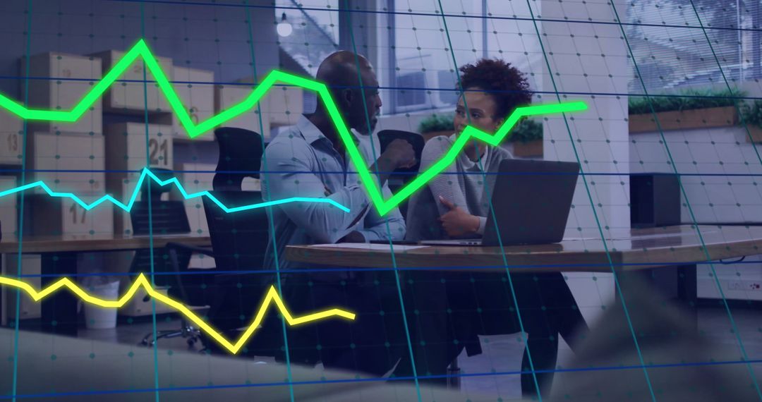 Financial Data Overlay on Business Team Collaboration in Modern Office