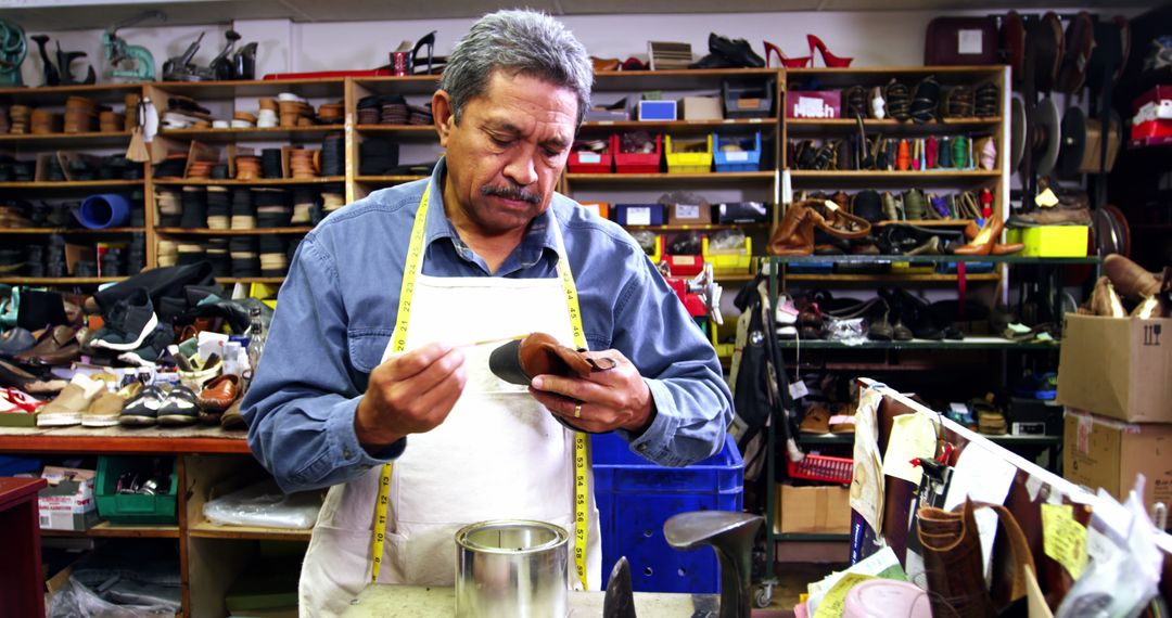 Experienced Shoe Repair Craftsman Working in Shop - Free Images, Stock Photos and Pictures on Pikwizard.com