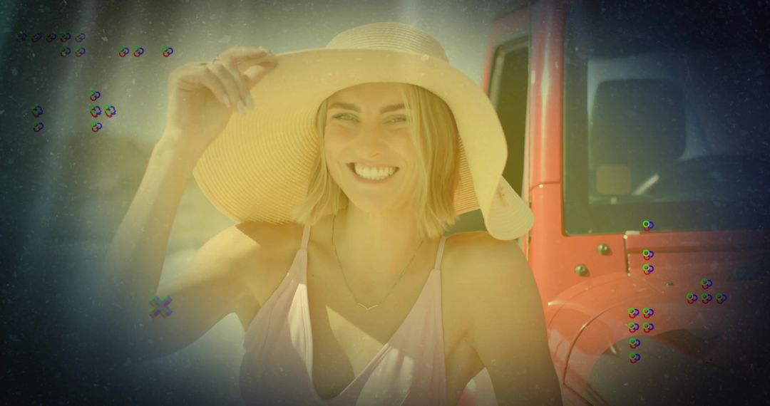 Smiling Woman with Straw Hat Adventure Near Beach SUV