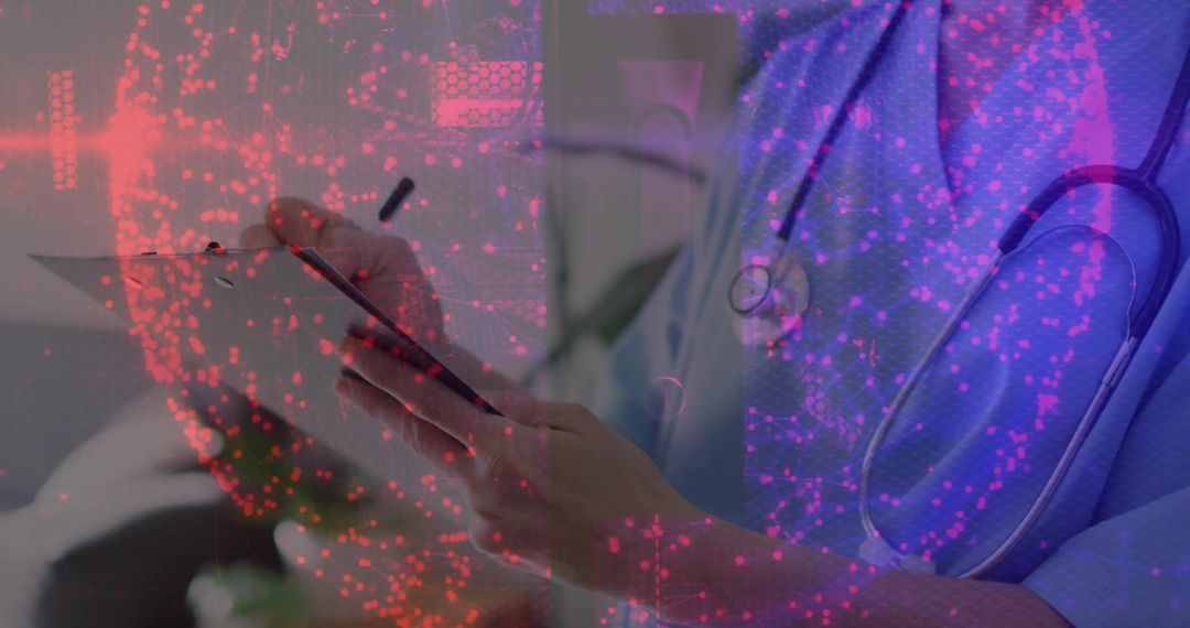 Doctor Using Digital Technology with Overlay in Exam Room