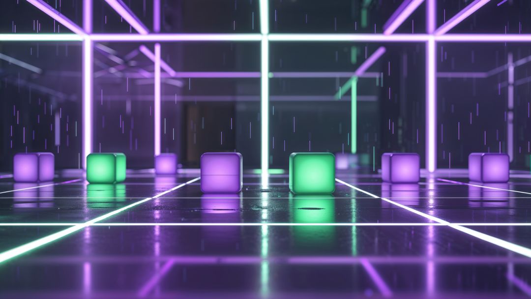 Futuristic Neon Grid with Glowing Cubes and Digital Rain