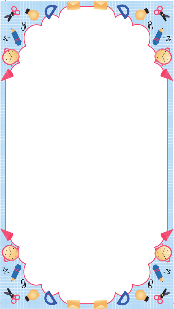 Transparent Scalloped Frame with School Supplies Border on Blue Grid