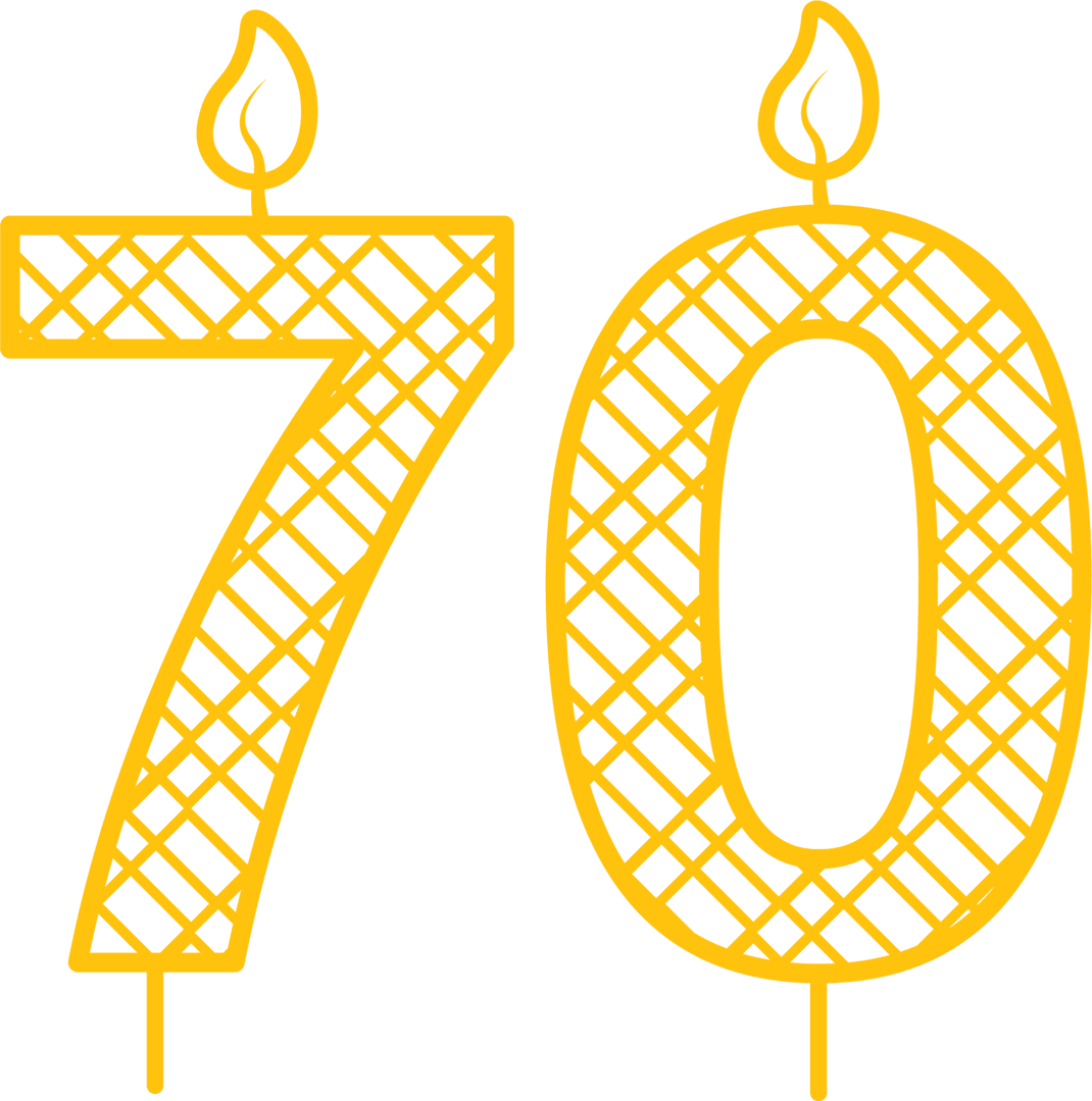 Yellow Number 70 with Flames on Transparent Background