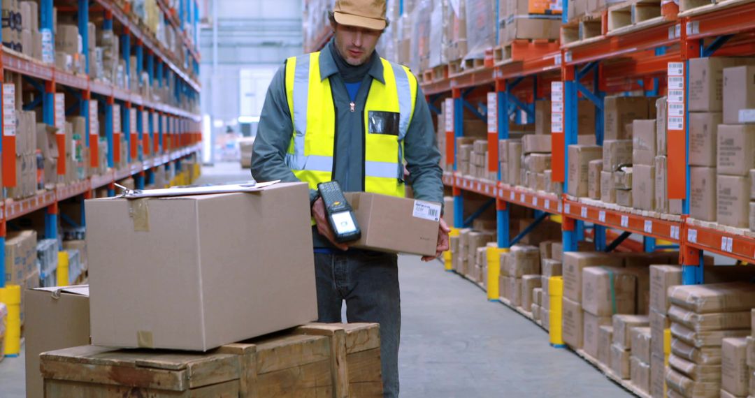Warehouse worker scanning packages with handheld scanner wearing hi-vis vest in aisle