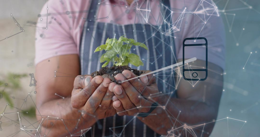 Urban gardener holding seedling with digital network overlay and smartphone icon