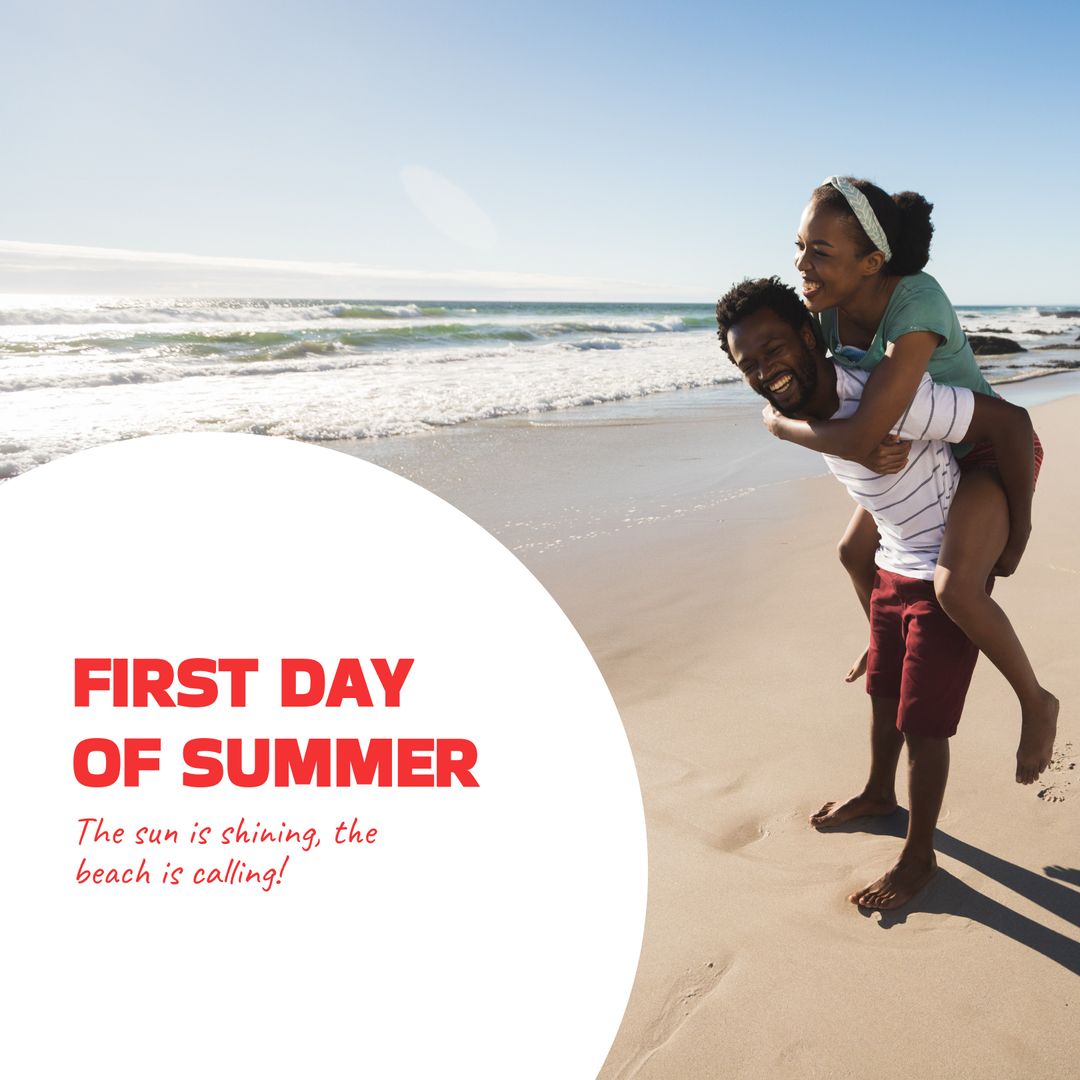 Joyful Couple Enjoying First Day of Summer on Sunny Beach