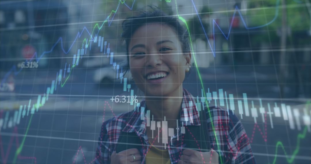 Woman Smiling with Stock Market Chart Overlay Concept - Free Images, Stock Photos and Pictures on Pikwizard.com