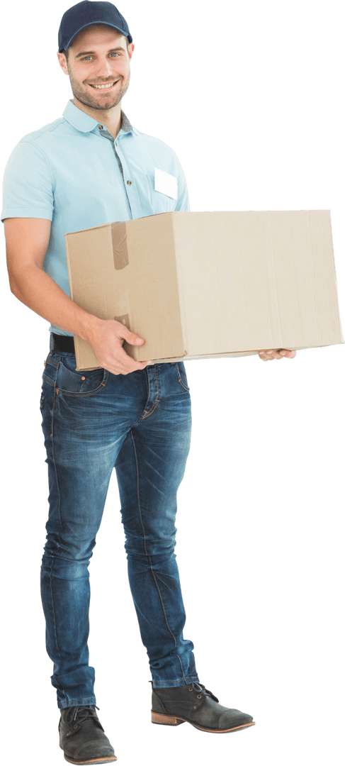 Smiling Courier Man Holding Cardboard Box on Transparent Background