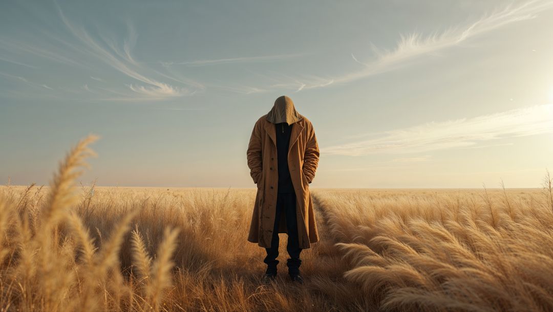Trench coated figure stands alone in serene golden grass field, forgiveness concept