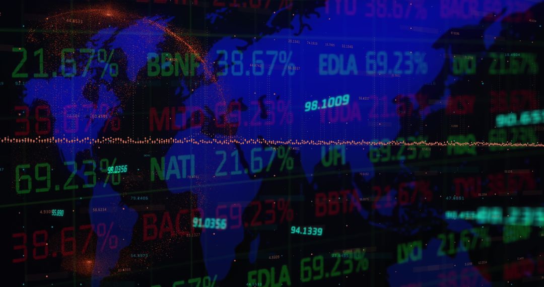 Global Stock Market Data Projection Over World Map