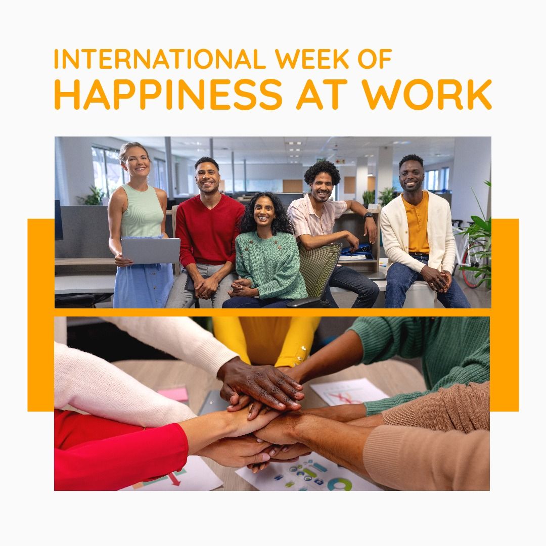 Digital portrait of happy multiracial coworkers with international week of happiness at work text - Download Free Stock Templates Pikwizard.com