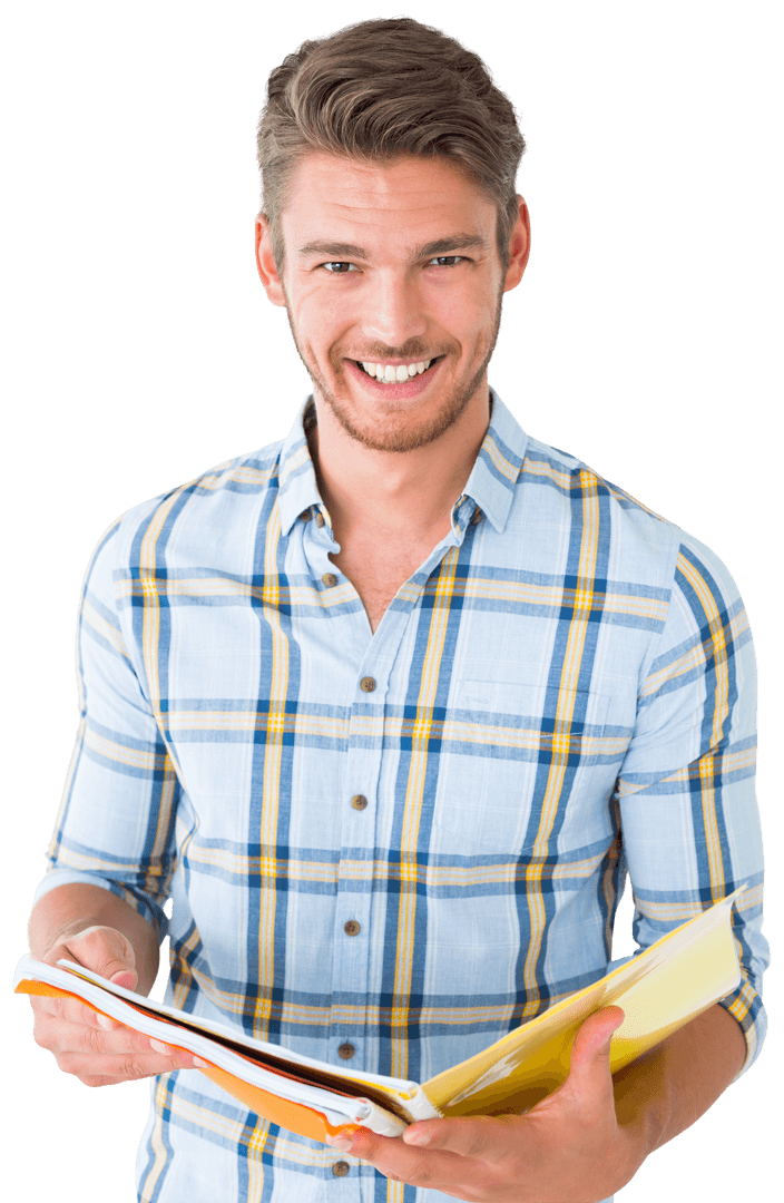 Smiling Young Caucasian Man Holding Notebooks on Transparent Background