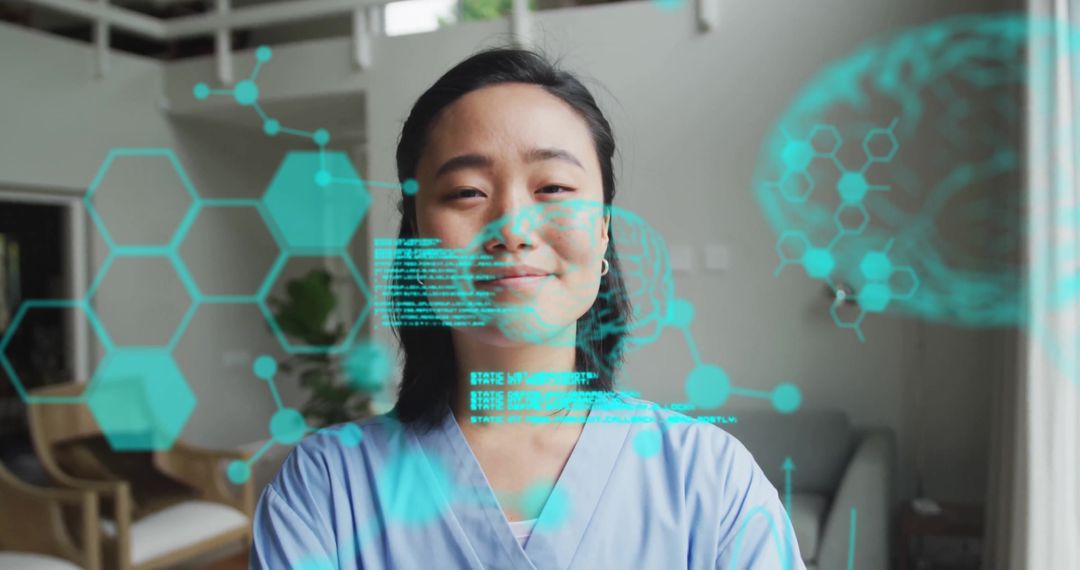 Smiling Nurse with Holographic Medical Interface Embracing Healthcare Technology