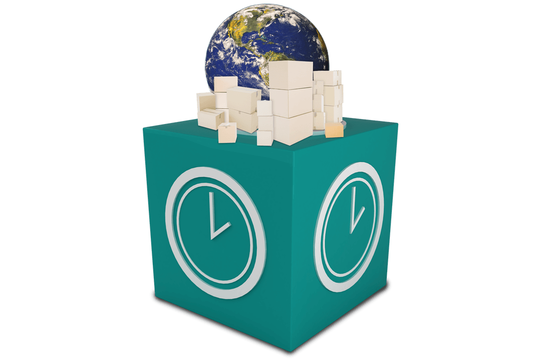 Transparent Cube Symbolizing Global Online Shopping Concept with Clock and Packages
