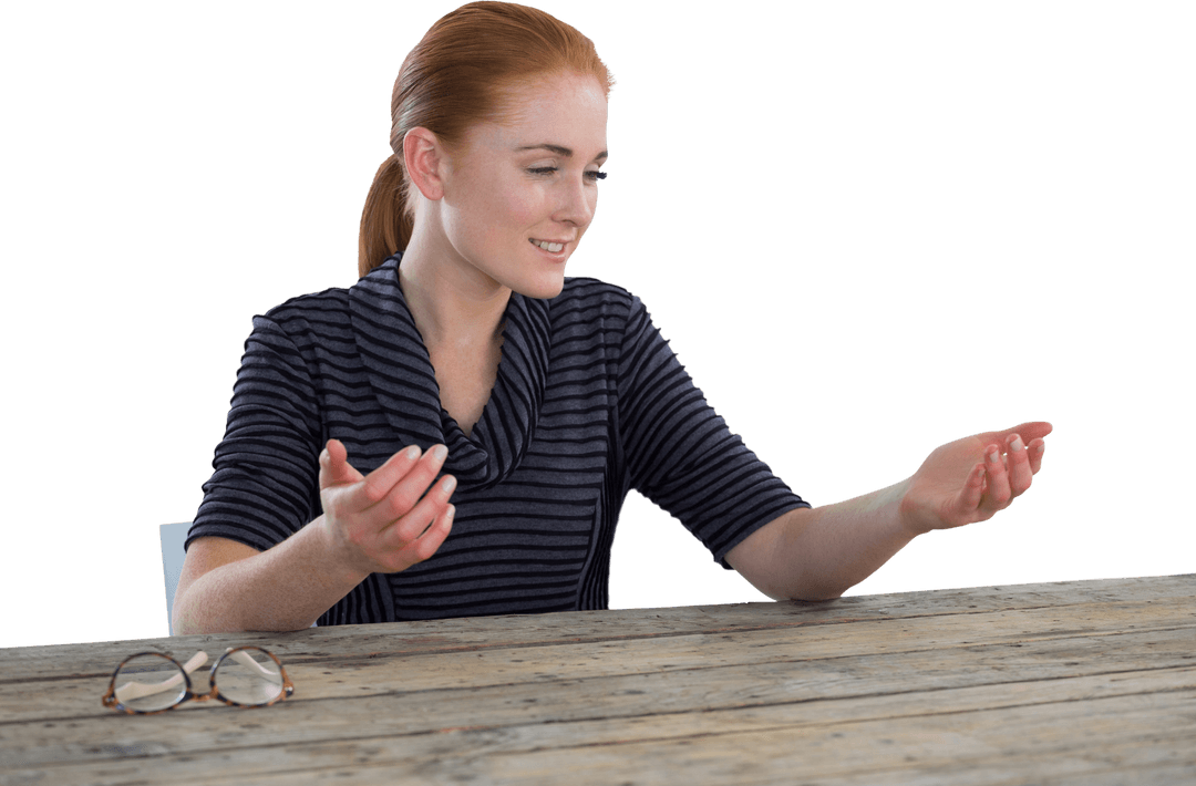 Transparent Imaginary Product Display by Businesswoman at Desk