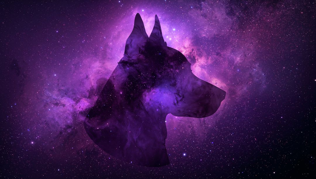 Cosmic Dog Silhouette Emerging from Violet Nebula with Glowing Starfield and Dust Lanes