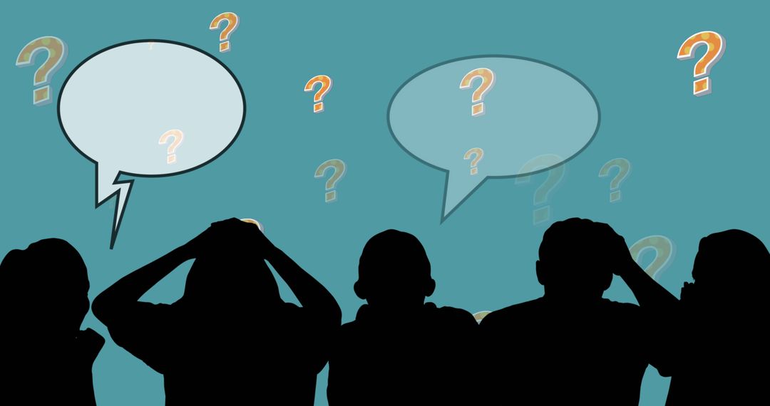 Silhouetted Group in Debate Amid Question Marks and Speech Bubbles