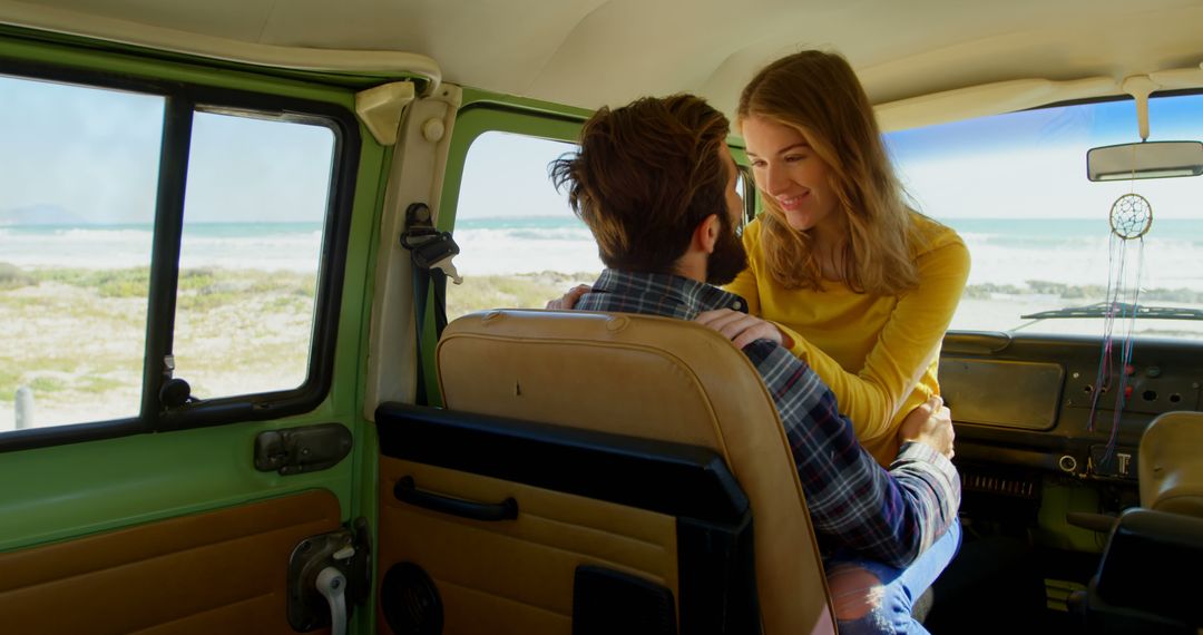 Young Couple Embracing Inside a Vintage Van by the Beach - Free Images, Stock Photos and Pictures on Pikwizard.com