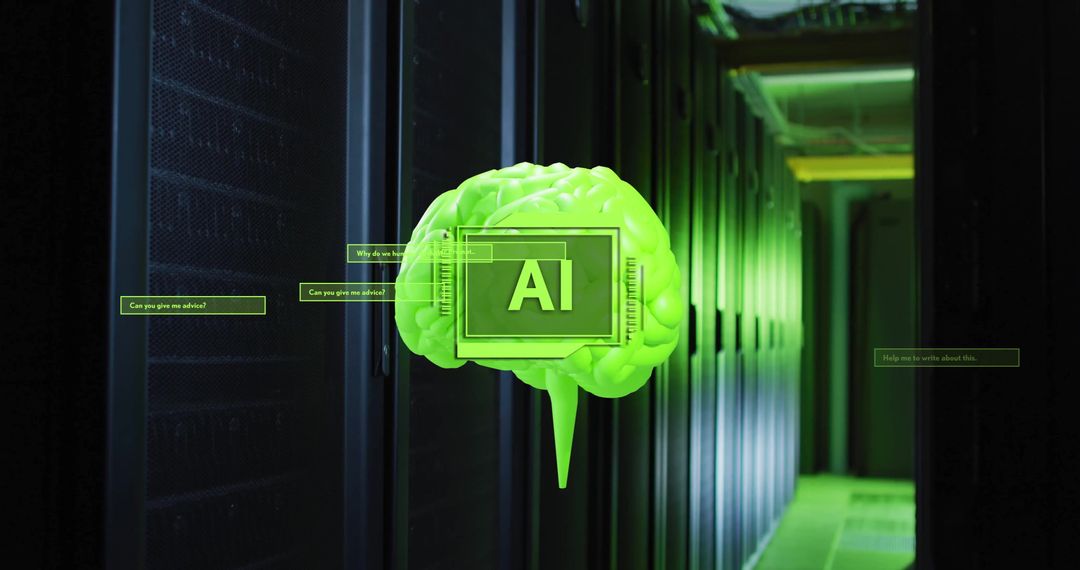 Futuristic AI Brain Visualization in Data Center Server Room