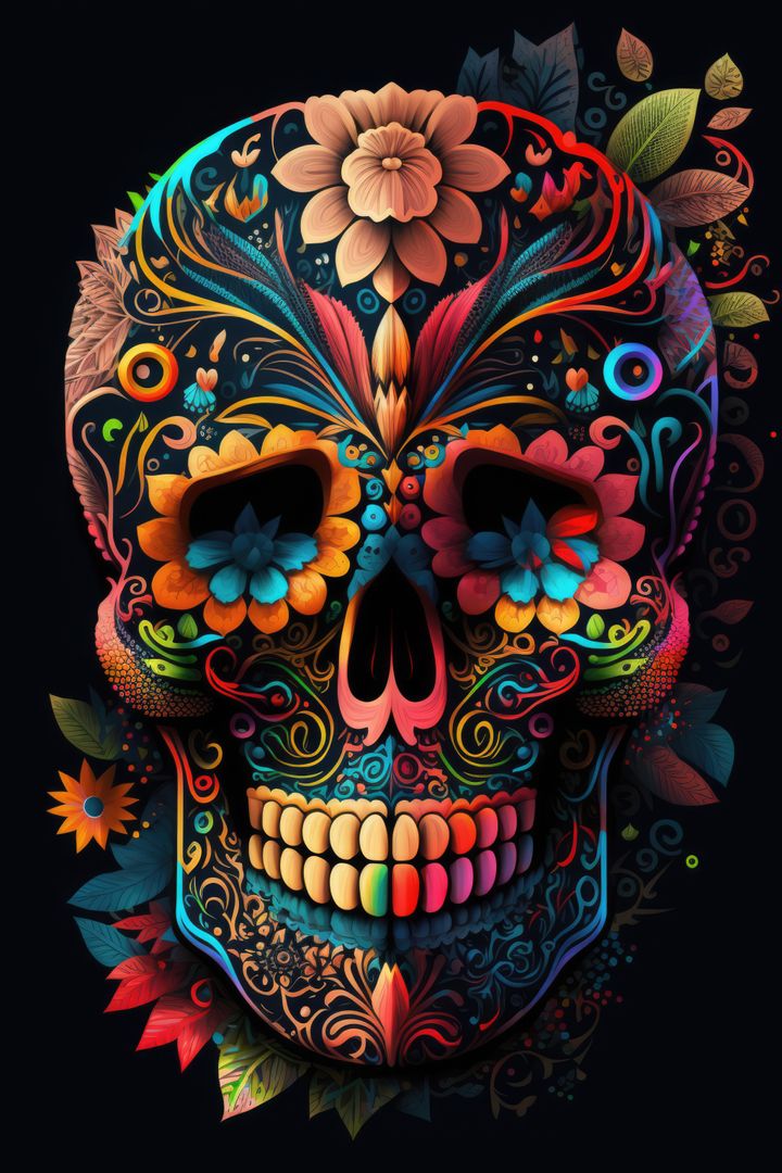Colourful mexican decorative sugar skull on black background, using generative ai technology - Free Images, Stock Photos and Pictures on Pikwizard.com