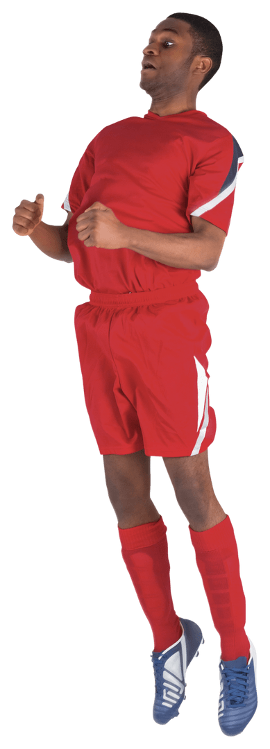 Athletic Soccer Player in Red Uniform Jumping with Expression