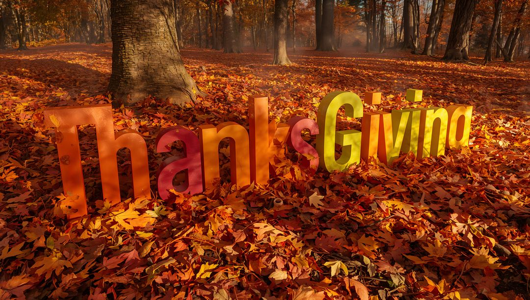 3D Thanksgiving Letters on Leaf-Strewn Forest Floor with Warm Autumn Sunlight and Long Tree Shadows