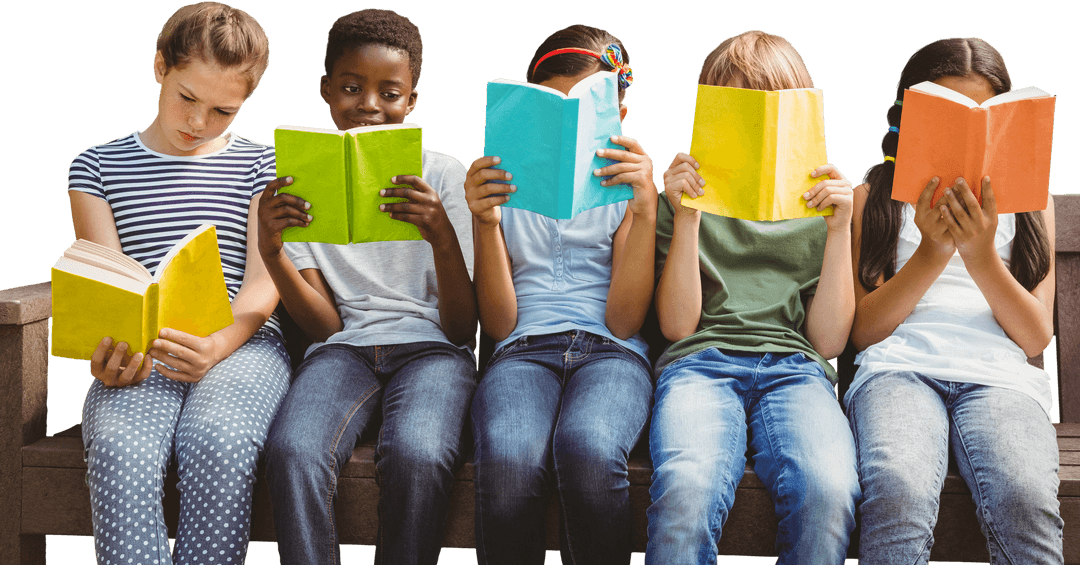 Diverse Children Reading Colorful Books on Park Bench Transparent Background