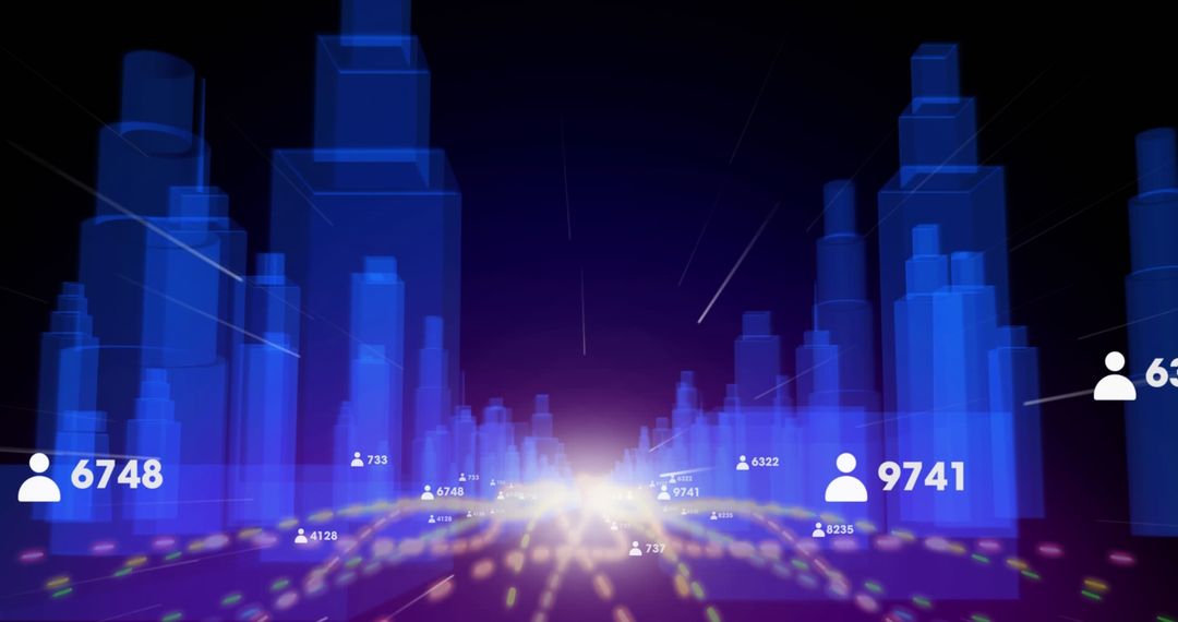 Digital Cityscape with Social Media Metrics and Icons