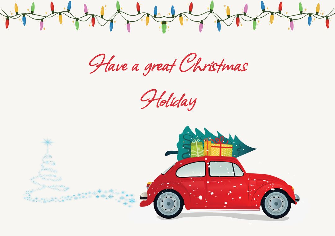 Festive Red Car with Christmas Tree and Holiday Greeting