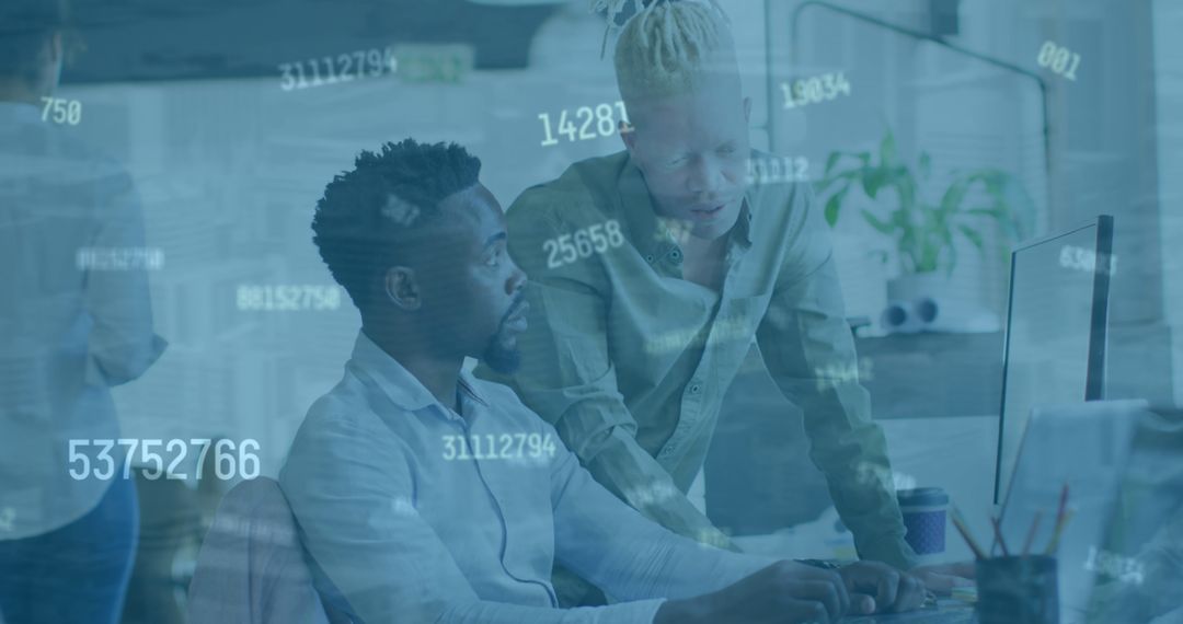 Diverse Coworkers Discussing Data with Digital Overlay