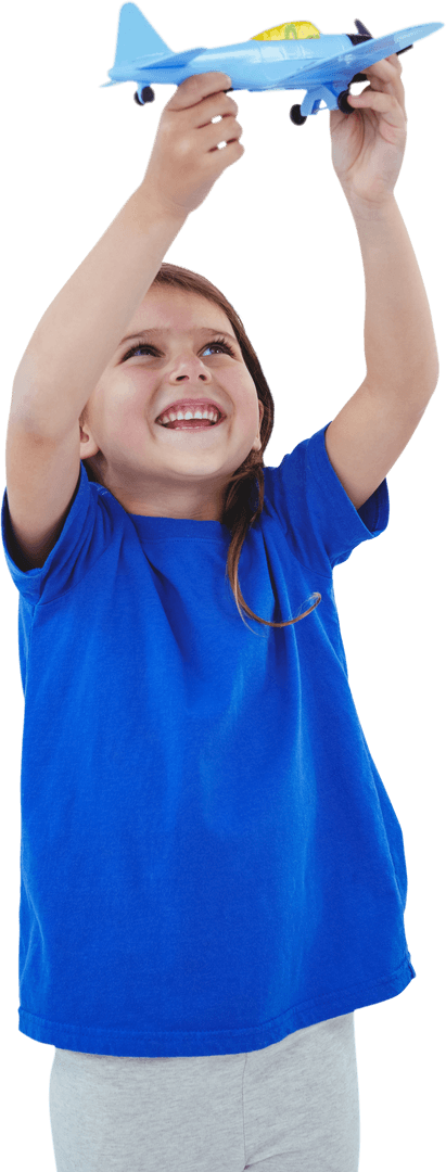 Joyful Child Raising Toy Airplane with Transparent Background