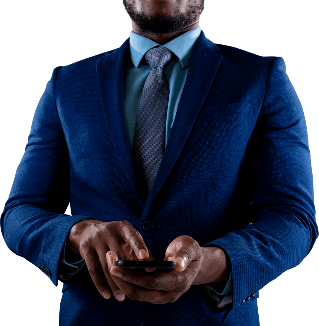 Businessman in Blue Suit Using Smartphone Transparent Background