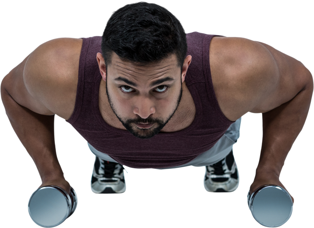 Muscular Man Performing Push Ups with Dumbbells on Transparent Background - Download Free Stock Images Pikwizard.com