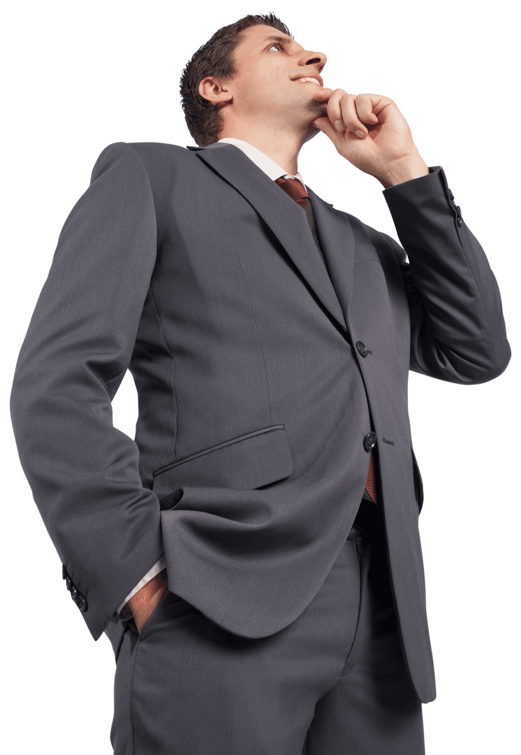 Confident Businessman Contemplating While Smiling, Hand on Chin, Transparent Background