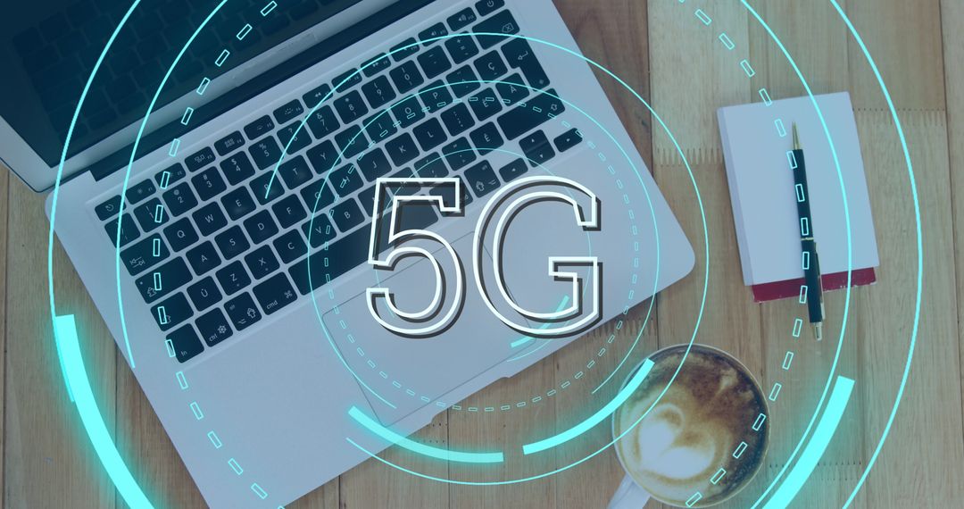 5G Technology Concept on Workspace with Laptop and Coffee