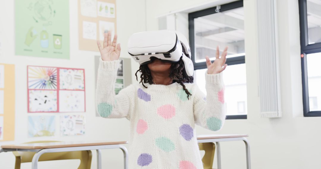 Child Exploring Virtual Reality in Bright Classroom Setting