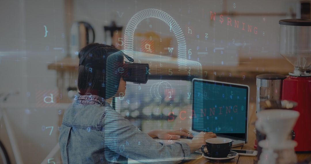 Woman Using VR Headset with Digital Data Overlay Lock Symbol