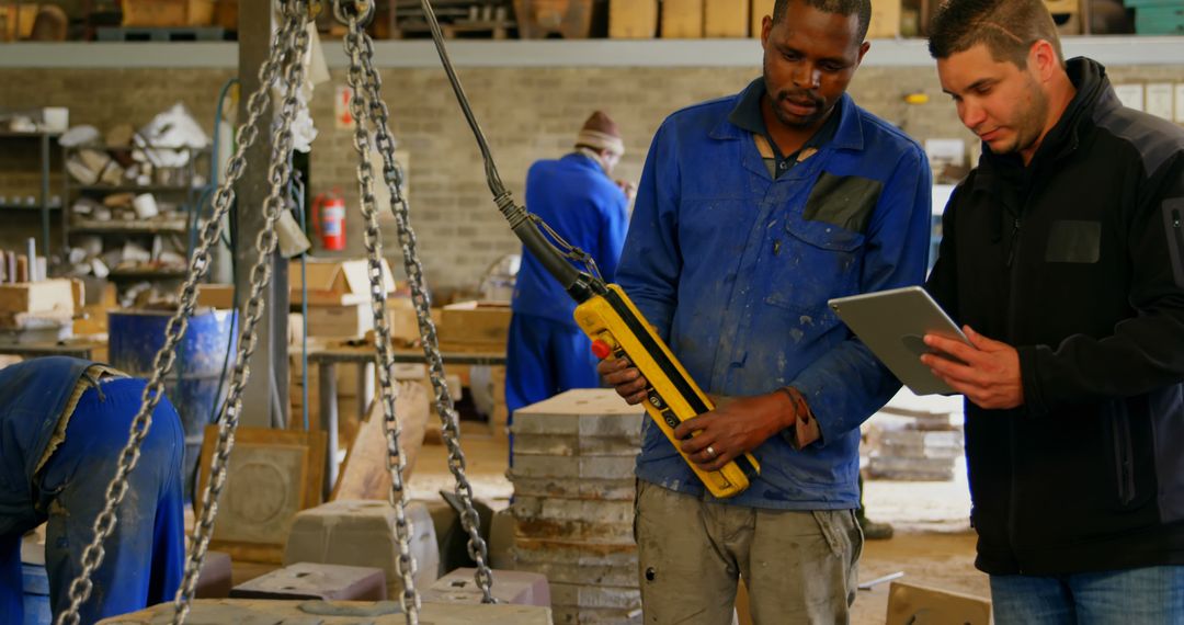 Factory Workers Controlling Overhead Crane with Tablet - Free Images, Stock Photos and Pictures on Pikwizard.com