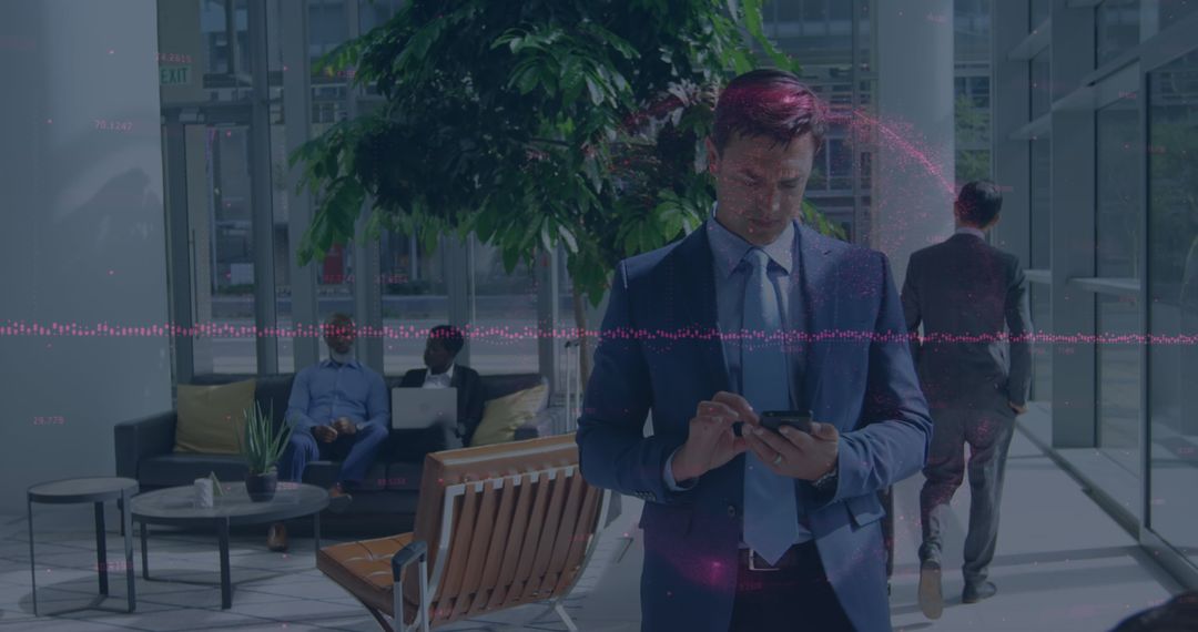 Businessman Exploring Data with Digital Global Interface in Modern Office