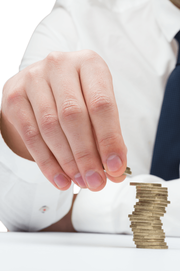 Transparent View of Businessman Stacking Coins Carefully
